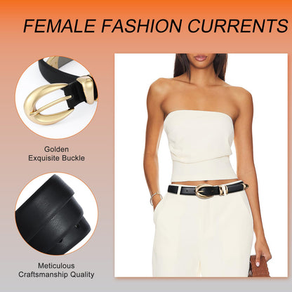 Hihope Womens Black Belt with Gold Buckle Faux Leather Belts for Women Ladies Belts for Jeans Dress Business Casual Outfits