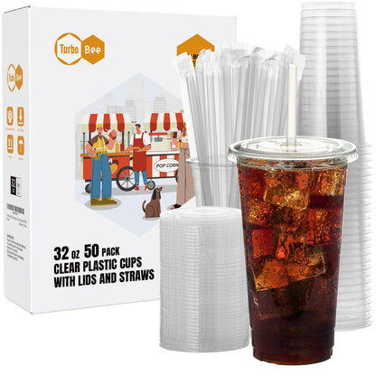 Turbo Bee 50 Sets 32 OZ Clear Plastic Cups with Lids and Straws, Disposable To Go Iced coffee cups with lids for Cold Drinks, Smoothie, and Slushie