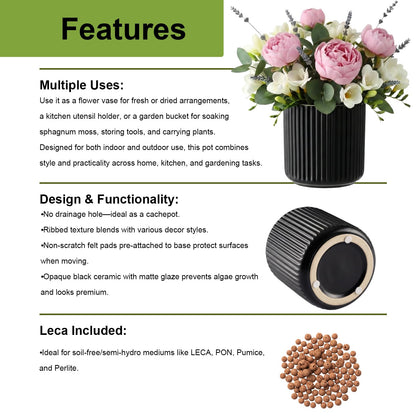 TineDew 2 Pack of 4in Ceramic Cachepot with 4 inch Clear nusery Pot - self Watering Indoor Planter with Drainage for Root Visibility,semi Hydro pots for repotting Succulent,Black