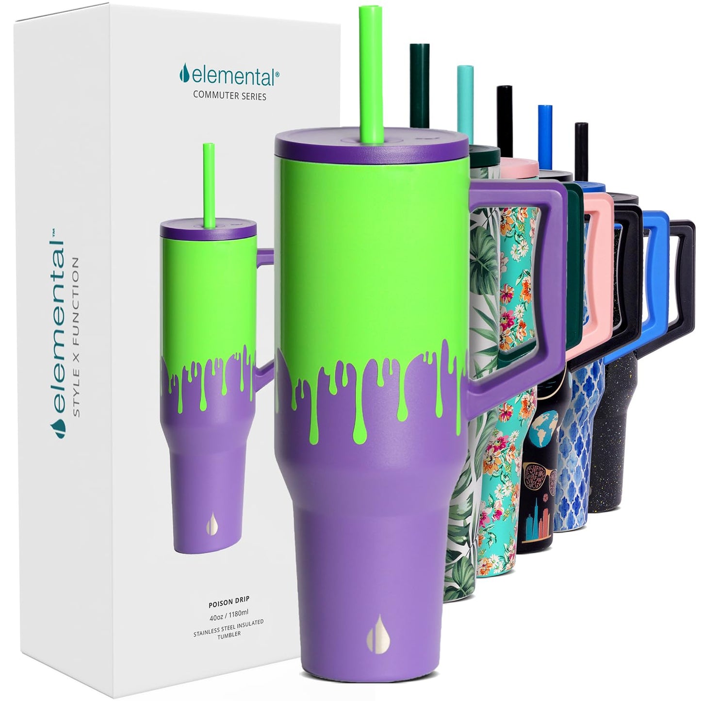 Elemental 40 oz Tumbler with Handle and Straw - Spill Proof Insulated Stainless Steel Commuter for Cold Beverages - Travel Coffee Mug with 2 Straws & Spill Proof Lid - 40oz - Poison Drip