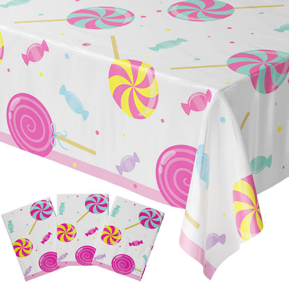 Blue Orchards Candy Table Covers (Pack of 3) - 54"x108" XL - Table Cloth, Party Supplies, Decorations, Lollipop Birthday Party, Halloween Candyland Theme Disposable Plastic Tablecloth Pack