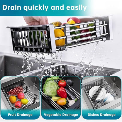 Dish Drying Rack, Over The Sink Dish Drying Rack, Stainless Steel Dish Drainer with Adjustable Arms Holder Functional Kitchen Sink Organizer for Vegetable and Fruit