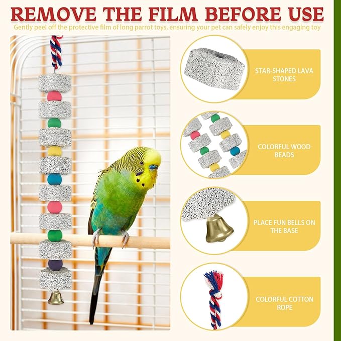 4 Pack Parrot Chewing Toys, Bird Beak Grinding Calcium Stone with Bell, Lava Mineral Block Cage Accessories for Parakeet Budgie Macaw Cockatoo Cockatiel Rat, Long+ Short