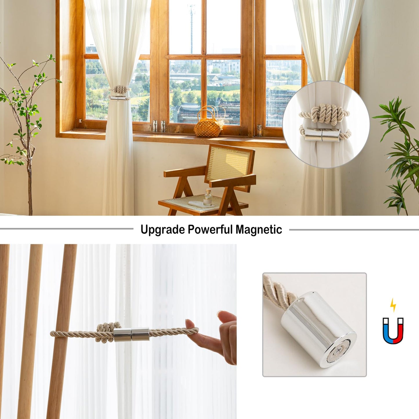 Contoeey Magnetic Curtain Tiebacks - Decorative Tie Backs for Drapes, 8 Pack Rope Holders, Beige