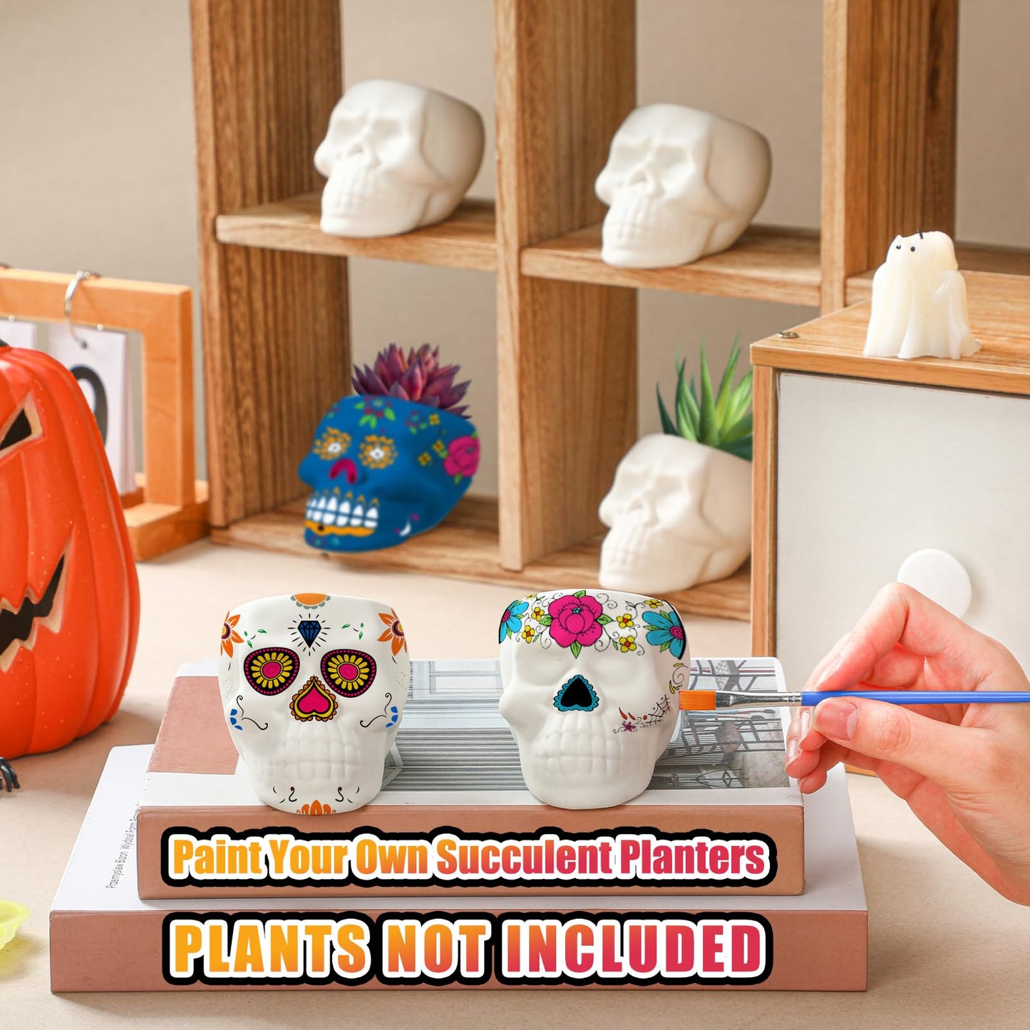 Beeveer 6 Sets Mexican Sugar Skull Crafts for Adults Skulls to Paint Skeleton Planter Paintable Ceramics Classroom Paintable Plant Pots to Paint for DIY Project Activity Decor