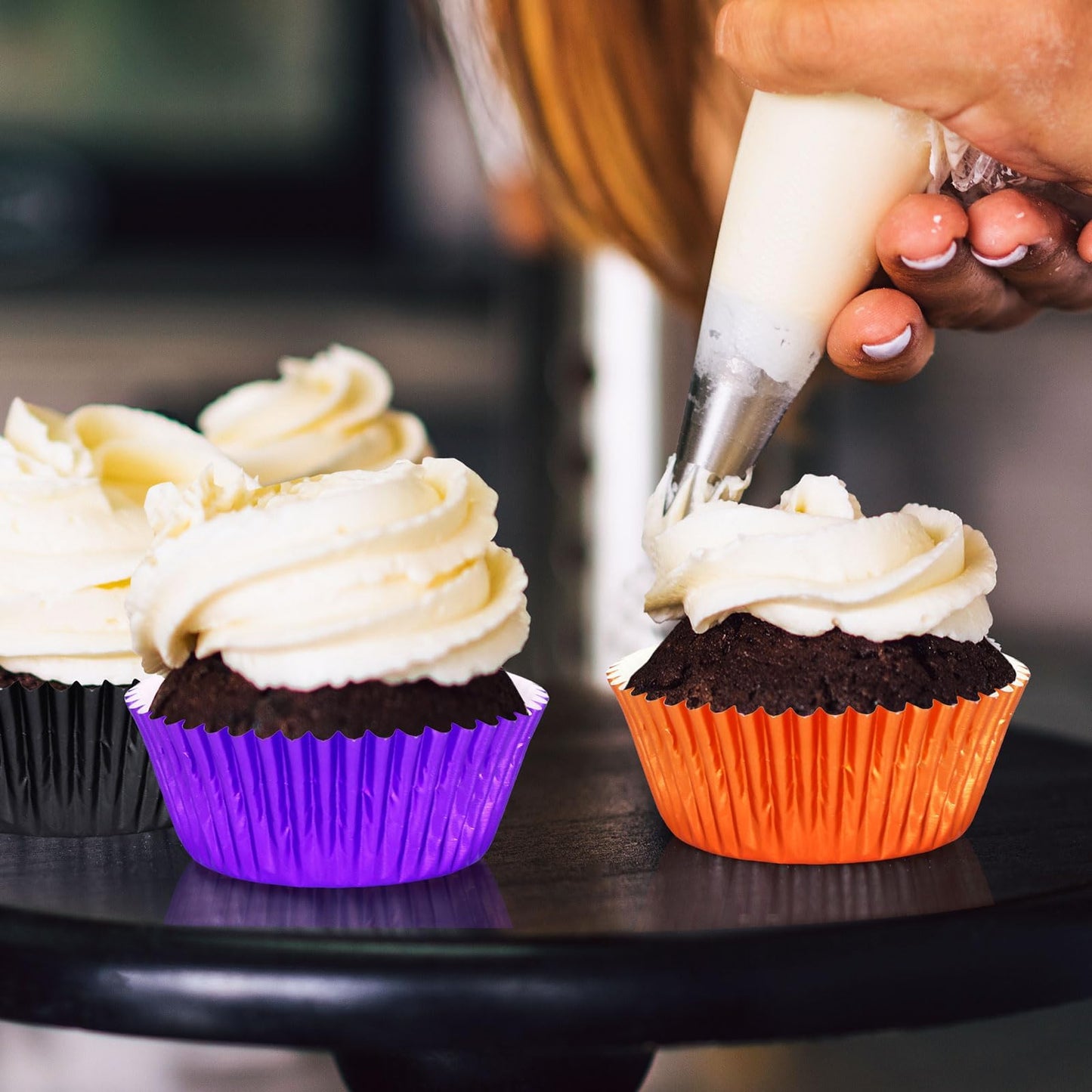 SANNIX 450Pcs Halloween Foil Cupcake Liners Muffin Liners Baking Cups Foil Metallic Cupcake Wrappers for Halloween Party Supplies Standard Size (Black, Purple, Orange)
