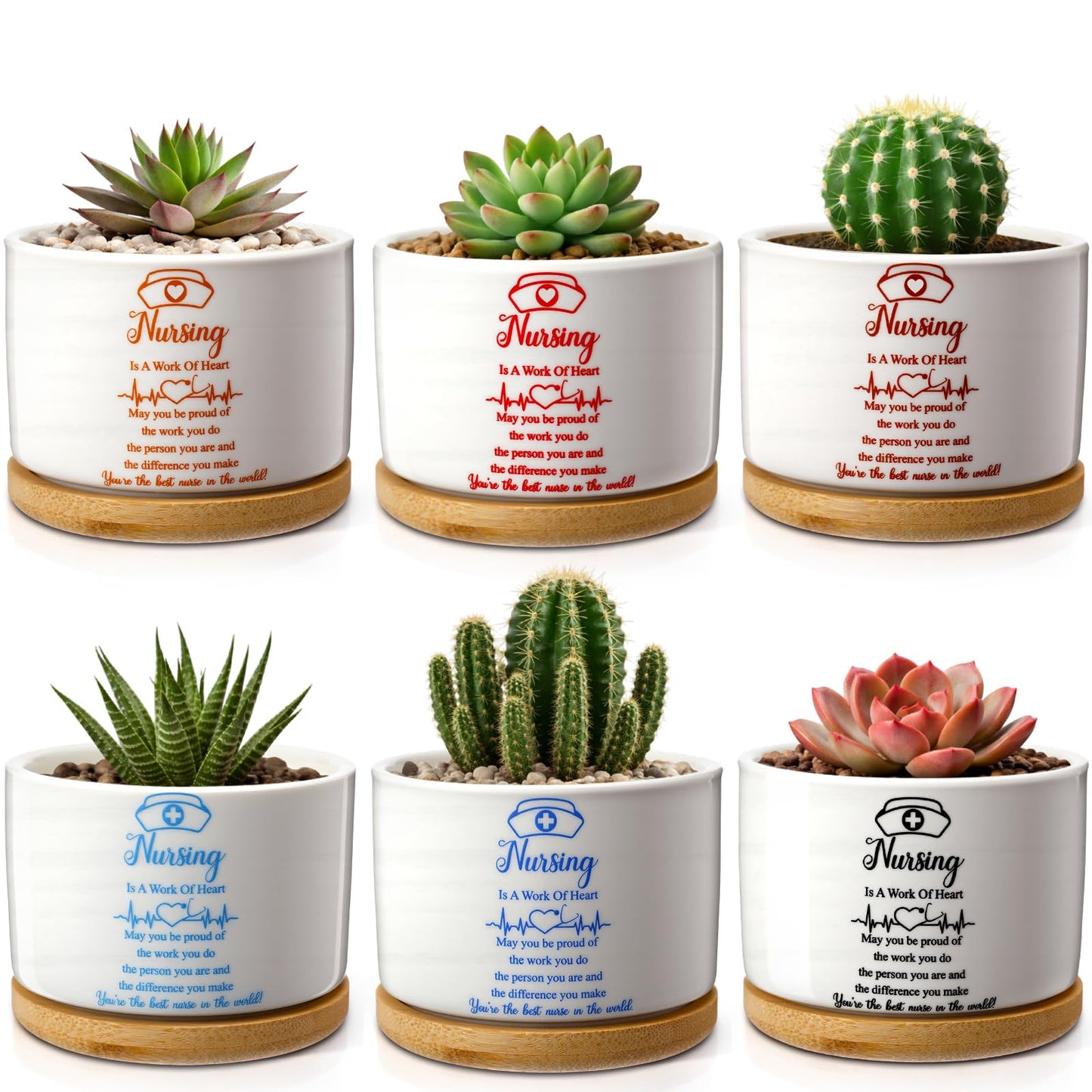Yungyan 6 Pcs Nurse Week Gifts Bulk 2026 Nurse Appreciation Succulent Plant Pot Nursing is a Work of Heart Ceramic Flower Planter Accessories for Graduation Season Hospital Plant Not Included