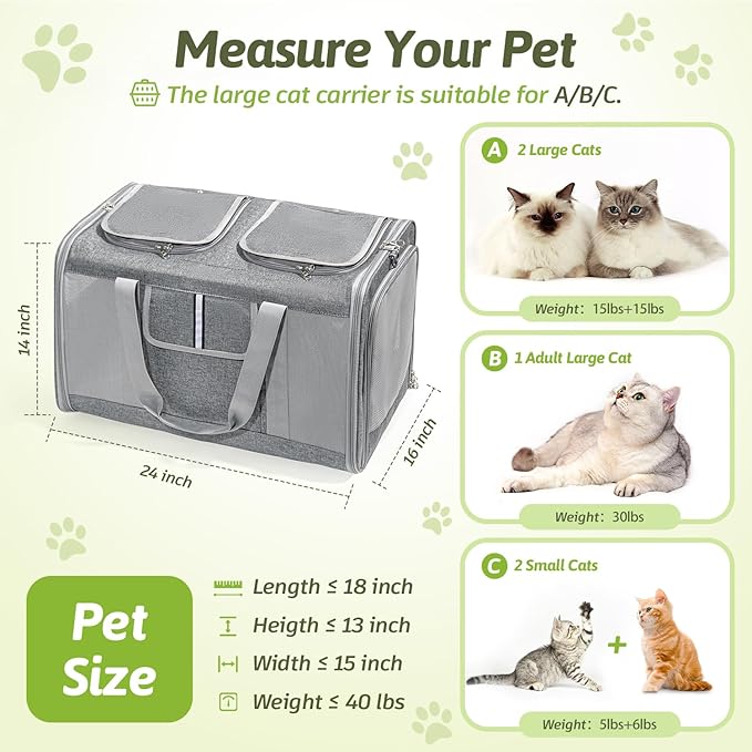 Sedioso Extra Large Cat Carrier for 2 Cats, 24x14x16in Pet Carriers for Cat and Dog Up to 40lbs, All-Sided Large Mesh Cat Carrier with Great Ventilation, Portable Soft Sided Pet Carriers for Traveling