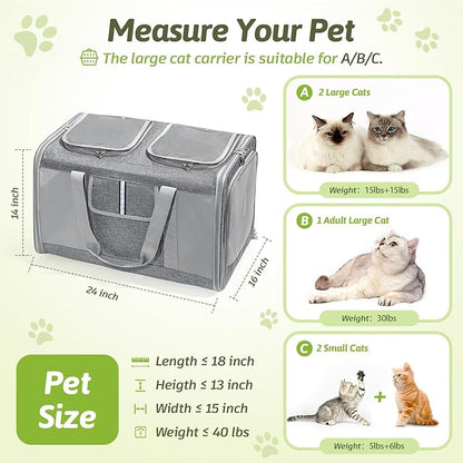 Sedioso Extra Large Cat Carrier for 2 Cats, 24x14x16in Pet Carriers for Cat and Dog Up to 40lbs, All-Sided Large Mesh Cat Carrier with Great Ventilation, Portable Soft Sided Pet Carriers for Traveling