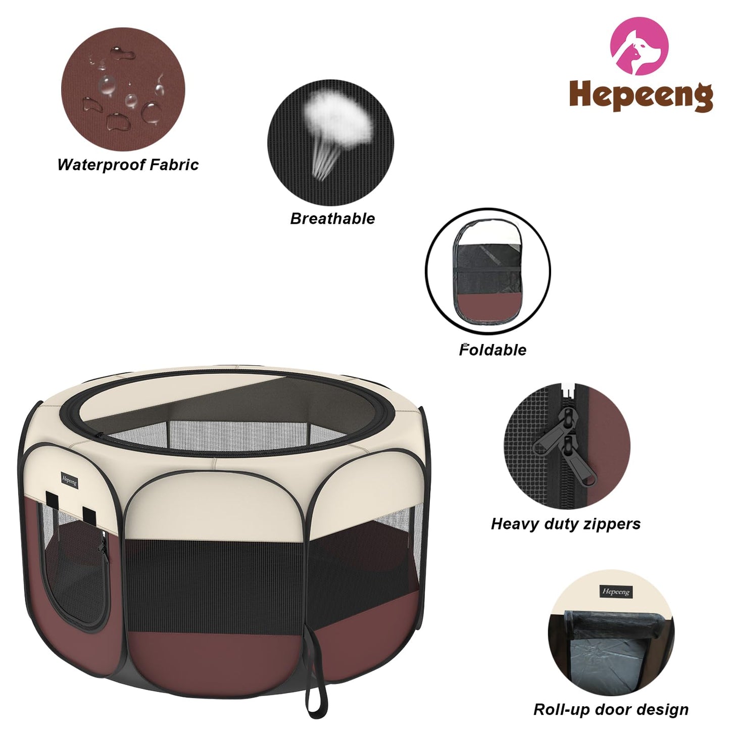 Portable Pet Playpen, 8-Panel Indoor/Outdoor Puppy Pen with Shade Cover & Travel Bag - Waterproof Dog Cat Tent Includes Collapsible Bowl