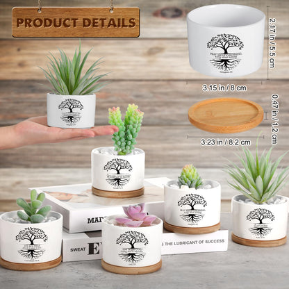 Sieral 6 Pcs Bible Verse Succulent Pots with Drainage 3.15 Inch Mini Mothers Day Christian Planter Accessories with Bamboo Tray for Church Teacher Coworker Gardener Gift, Plants Not Included