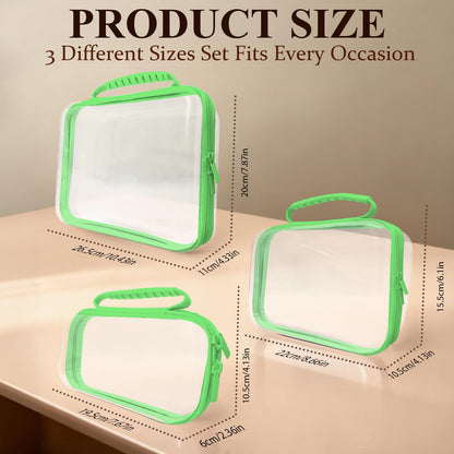 JeeVoya 3 PCS Clear Zipper Pouches with Handle, Diaper Bag Organizer, Clear Makeup Bags Hardshell Toy Storage Bins with Zipper Toiletry Pouch Bag for Cosmetics Pencils Puzzles, Building Blocks(Green)