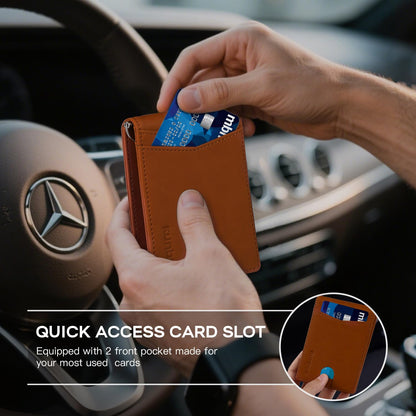 RUNBOX Slim Money Clip Wallets for Men RFID Blocking 8 Card Holder Minimalist Small Thin Carbon Leather Bifold Mens Front Pocket Wallet Gift Box(Desert Brown)