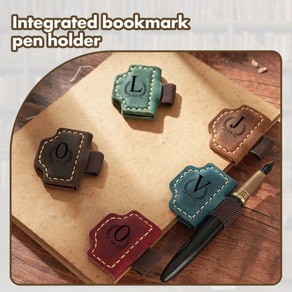 Custom Bygone Mark Bookmark with Pen Holder, 26 Letters Name Initial Personalized Magnetic Leather Bookmark, Gifts for Book Lovers, Readers, Travelers, Leather Book Marks (Blue, I)
