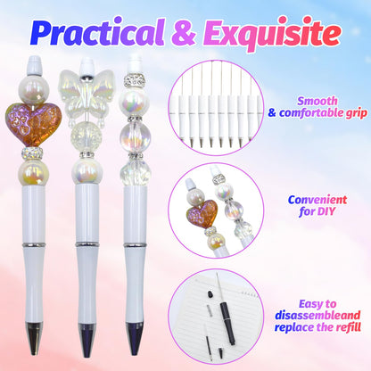 DASTTUIS 150 Pieces DIY Beadable Pen Kit – 50 Plastic Ballpoint Pens with Refills & Bags – School Supplies, Office Accessories & Decorative Items for Students & Teachers （White）