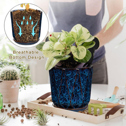 Oairse Ceramic Pots for Plants, 8+6 inch Plant Pots with Drainages Holes & Saucers Large Blue Ceramic Planters Decorative Flower Pot for Indoor Plants Outdoor Inoor