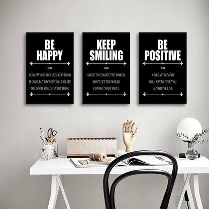 YSPCSUN Triptych Wall Decor Inspirational Posters for Office, Black White Be Happy Positive Quote 3 Panel Canvas Prints for Home Office Dorm Classroom, 48x24 Inch Display