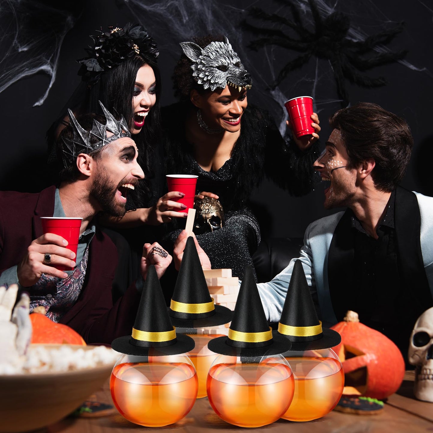 Baderke 12 Pcs 13.5 oz Spherical Plastic Potion Bottles with Hat Ball Shape Round Bottles for Drink Candy Jar Halloween Table Decoration DIY Crafts Gifts(Black)
