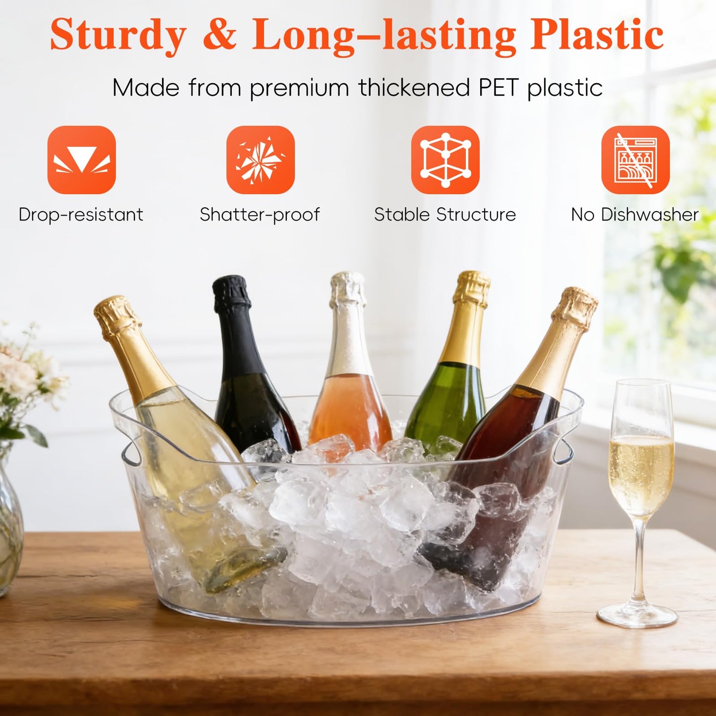Berverra 6.5L Plastic Ice Buckets for Parties, 2-Pack Large Ice bucket Clear Beverage Tub Ice Container with Scoops, Champagne Bucket and Drink Buckets for Wine,Beer,Cocktails and Bar Supplies