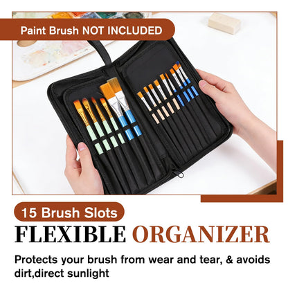 Skrfren Paint Brush Case, Paint Brush Holder with 15 Slots Canvas Brush Organizer with Pop-Up Stand Design Travel Watercolor Brushes Holder Zipper Closure for 11 Inch Art and Makeup Brushes Black