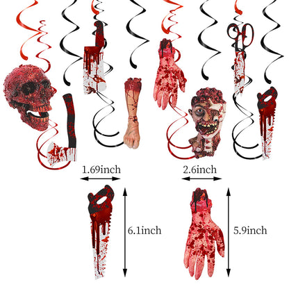 Halloween Bloody-Scary Indoor-Outdoor Party-Decoration Garland - 12pcs Creepy Skulls Zombie Skeleton Haunted House Swirl Streamers Banner,Window Fireplace Classroom Hanging Decor Lasting Surprise
