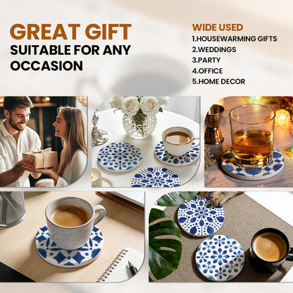 ANATTASOUL Ceramic Coasters Set of 6 with Holder Blue Abstract Patterns Absorbent Drink Coasters for Home Decor, 4.05" Round Marble Coasters for Coffee Table, Kitchen, Bar Decor Housewarming Gifts