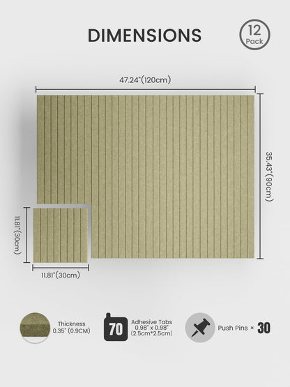 Bumusty Large Cork Board Alternative-48 x 36" Felt Bulletin Board Tiles, with 30 Pushpins, 70 Adhesive Tabs, Fine-Stripe 12-Pack, Cork Boards for Office Push Pin Board Felt Board-Olive Green