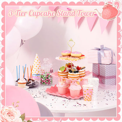 Lallisa 2 Pack Scalloped Cupcake Stand Dessert Plates Plastic Square Tiered Serving Stand Display Tower for Wedding, Birthday Party, Tea Party and Baby Shower(Pink Gradient)
