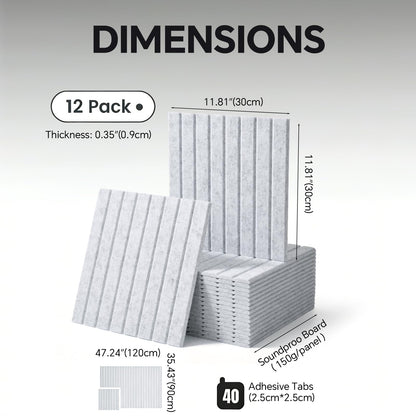 Slat Felt Wall Tiles (12 Pack) - 11.8"x11.8" Self-Adhesive Bulletin Board for Wall, Acoustic Panels for Sound Dampening, Modern Black Pin Board, Home Office Decor (30x30cm)