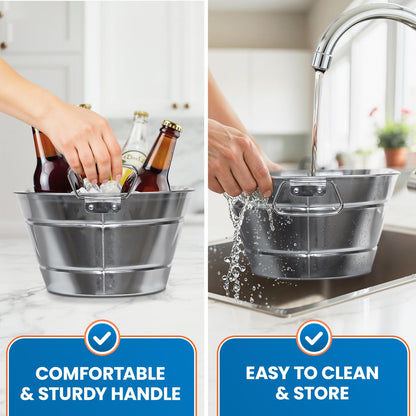 PLEXON Metal Ice Bucket for Parties - Galvanized Tub with Handles - Beverage Tub - Ice Bucket for Cocktail Bar Restaurant - Drink Beer Champagne Chiller Cooler - 5.3 Gallon (20L), Set of 2