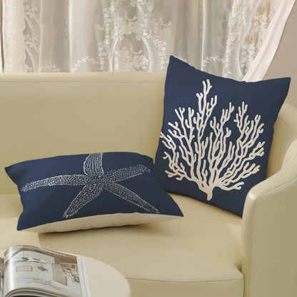 Blue Starfish Pillow Covers 18x18 Inch Set of 2, Nautical Ocean Coastal Blue Coral Throw Pillows Spring Summer Decorations Linen Pillowcase Outdoor Decor Farmhouse Cushion Case for Home Holiday