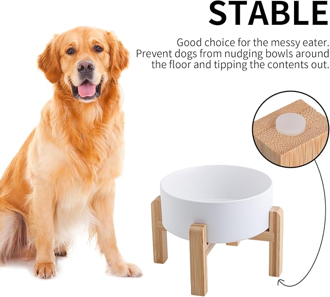 Elevated/Raised Ceramic Dog Bowl with Bamboo Stand (White, 3.6Cup)