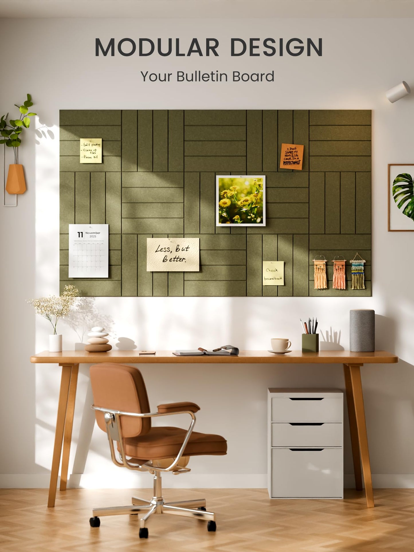 Bumusty Large Cork Board Alternative-36 x 24" Felt Bulletin Board Tiles, with 30 Pushpins, 40 Adhesive Tabs, Bold-Stripe 6-Pack, Cork Boards for Office Push Pin Board Felt Board-Olive Green