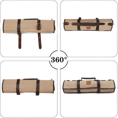 Pargana Chef Knife Roll Bag 9 Knife Slots - Durable Water-Resistant Acrylic Canvas Knife Roll Case Adjustable Leather Shoulder Strap & Handle - Fits 12” Knives & Honing Steel -Culinary Travel-Friendly