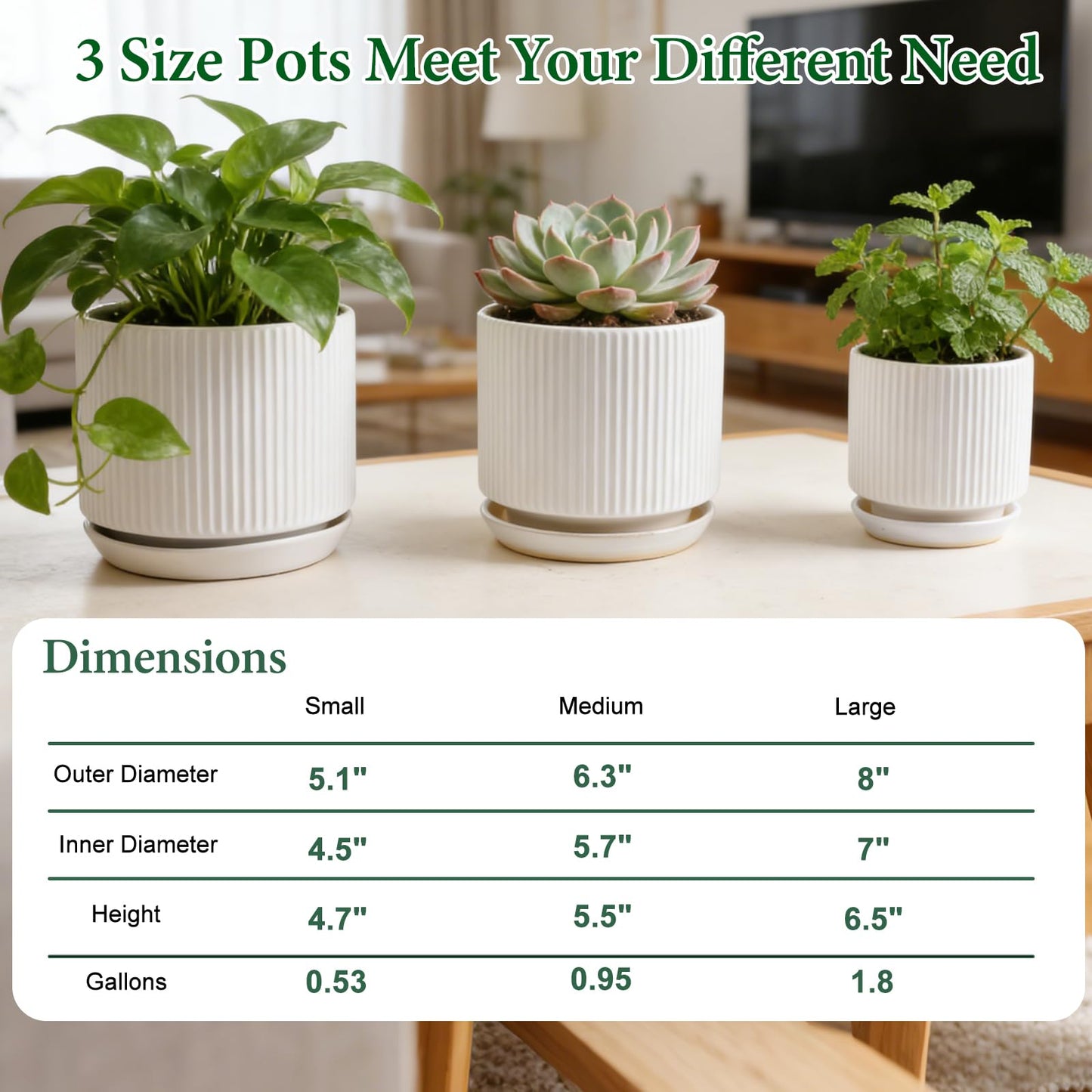 Ceramic-Flower-Pots-Sets-with-Saucer, 5/6/8 inch Small Planters for Indoor Plants with Drainage Hole, White Vertical Stripe Plant Pots for Home Decor, Outdoor Garden Pot For Succulent Cactus Herb