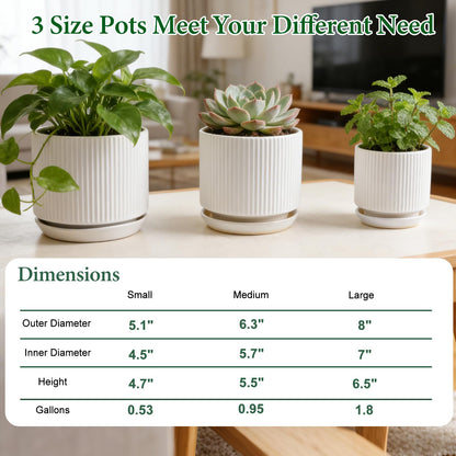 Ceramic-Flower-Pots-Sets-with-Saucer, 5/6/8 inch Small Planters for Indoor Plants with Drainage Hole, White Vertical Stripe Plant Pots for Home Decor, Outdoor Garden Pot For Succulent Cactus Herb