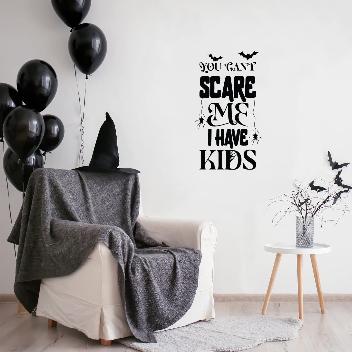 Vinyl Wall Art Decal - You Can't Scare Me I Have Kids - 24" x 20" - Spiders Design Seasonal Halloween Quote Sticker for Entryway Storefront Office Living Room Scary Spooky Decor (Black)