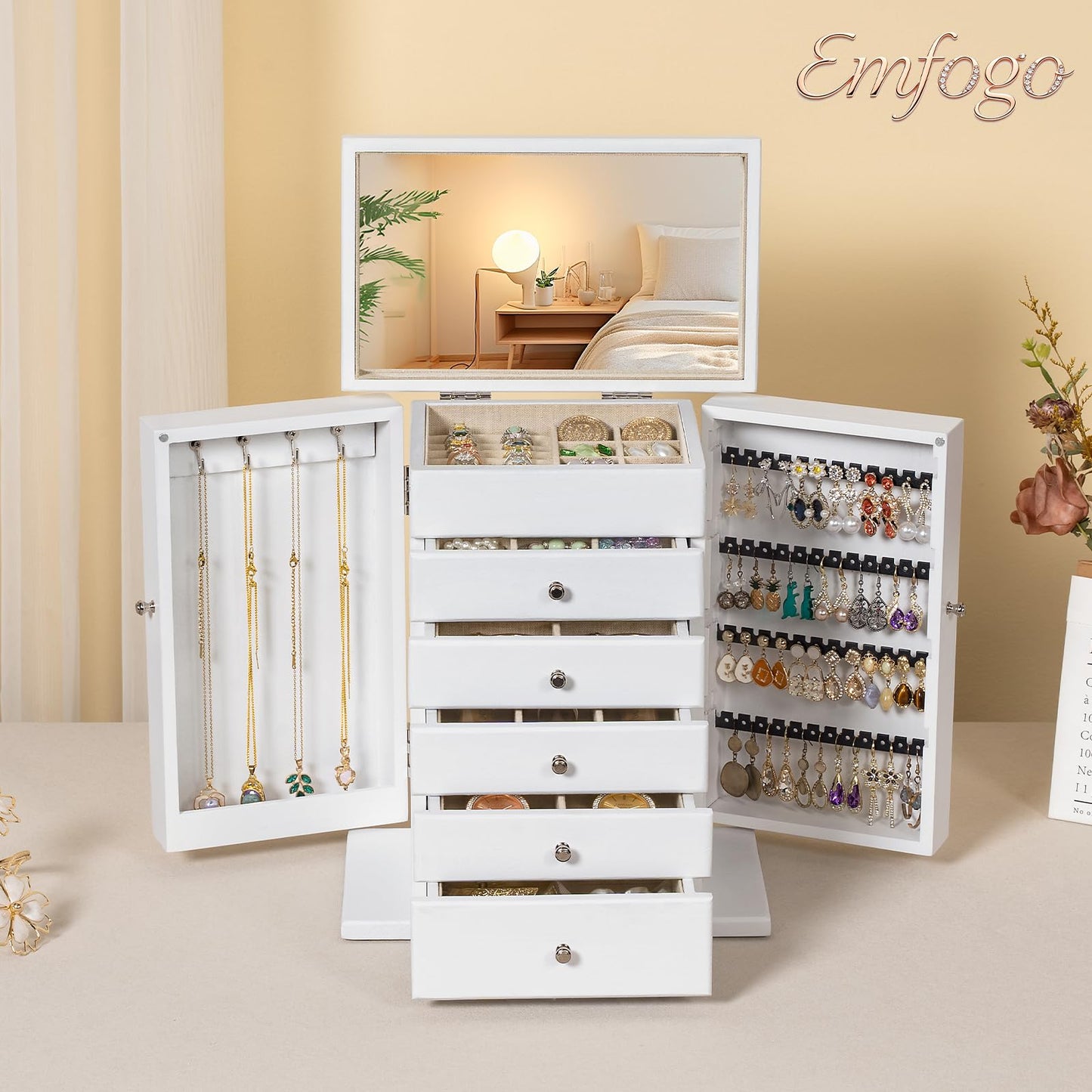 Emfogo Wooden Jewelry Box for Women, 6-Tier Large Jewelry Organizer Boxes with Mirror Rustic Solid Wood jewlery Storage for Rings Earrings Necklaces Bracelets watches(White)
