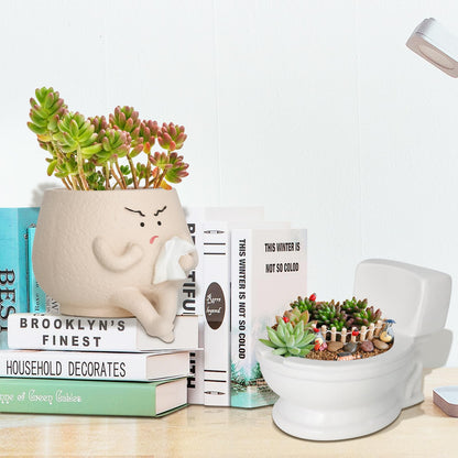 Toparad Face Self Watering Planter Pots Funny Toilet Plant Pot for Indoor Plants, Resin Face Head Flower Pots Quirky Succulent Planters with Drainage Hole, Gift Ideal for Home, Office, Christmas