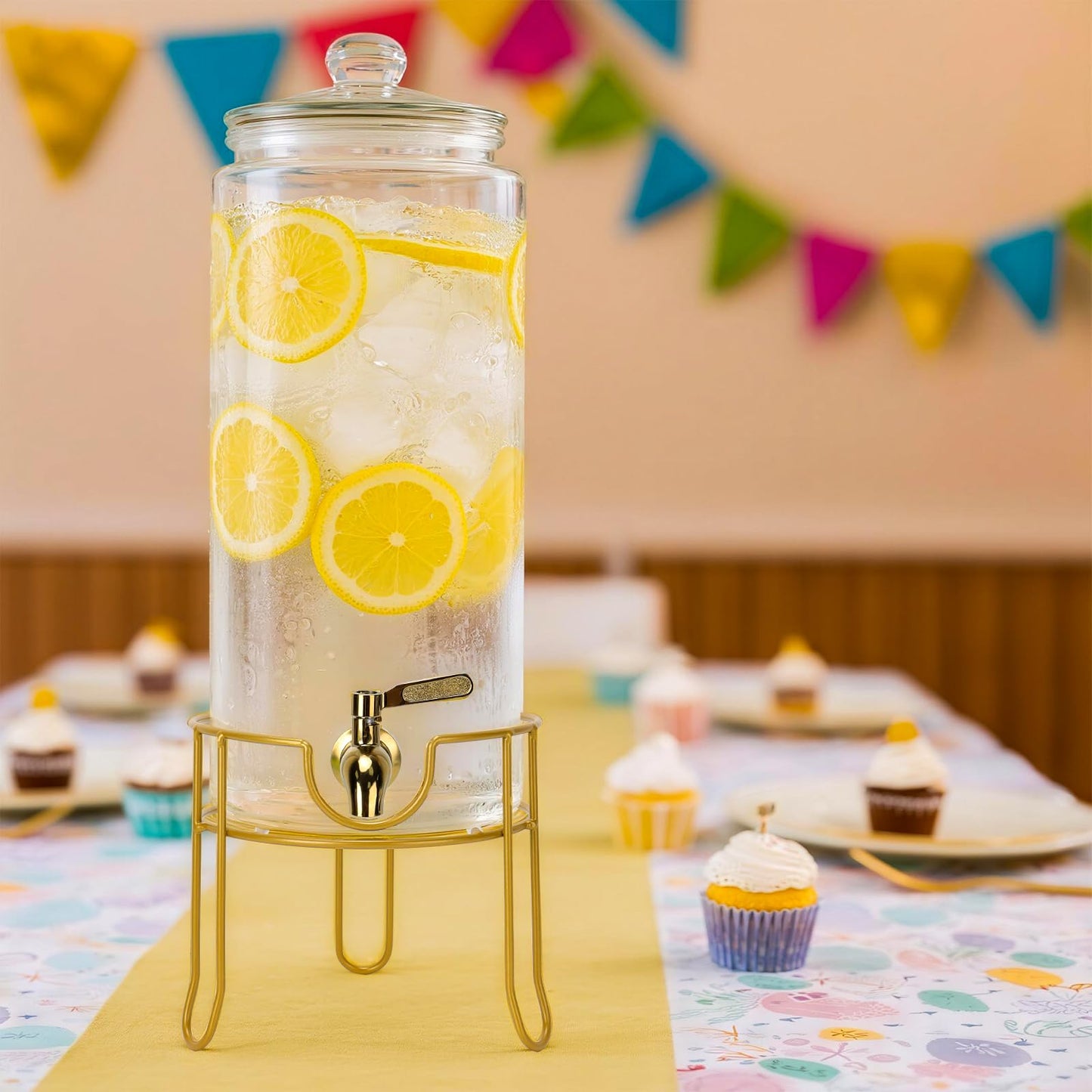 Glass Drink Dispensers For Parties, 1.5 Gallon Beverage Dispenser With Glass Airtight Lids, Gold Metal Stand And Stainless Steel Spigot. Lemonade & Juice Dispenser With Chalk board-One Pack