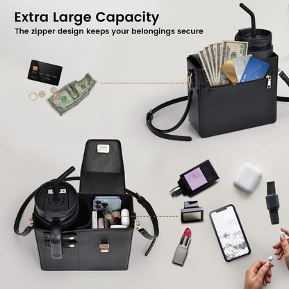 Outdoor Portable Crossbody Water Cup Storage Bag Crossbody Case with Sports Water Bottle Holder for Women Tumbler Purse with Water Bottle Pocket Compatible with Most Water Bottles Carrier Bag, Black