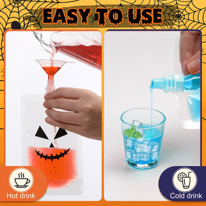 Widecook 28 Pcs Halloween Drink Pouches Reusable Pumpkin Blood Bags for Drinks Plastic Flasks with Funnels Juice Cups Pouches for Halloween Party Prop Decoration Favor