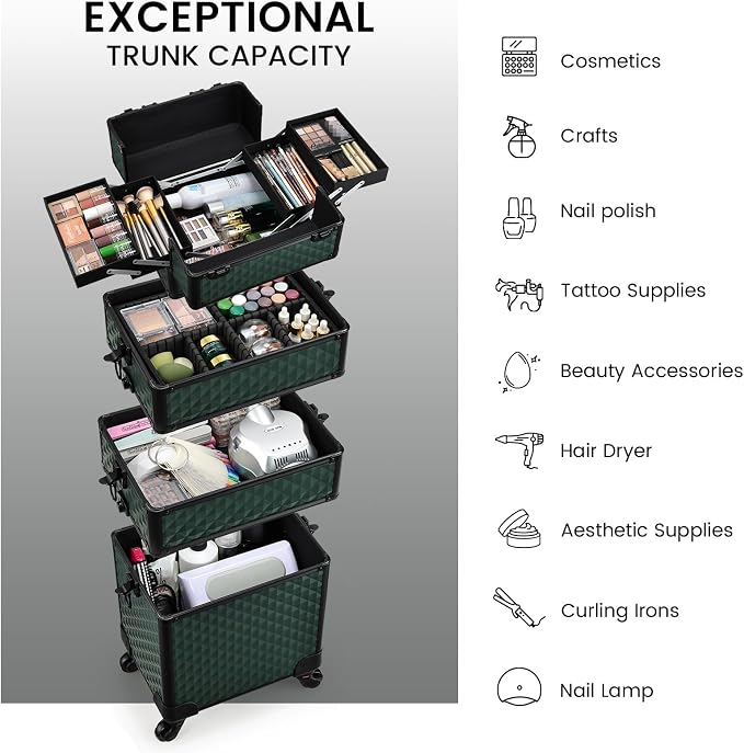 Stagiant Rolling Makeup Train Case Cosmetology Case on Wheels 4 in 1 Cosmetic Box Makeup Travel Case with Key Swivel Wheels Nail Artist Salon Barber StorageTraveling Cart Trunk Dark Green