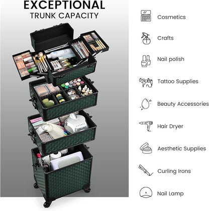 Stagiant Rolling Makeup Train Case Cosmetology Case on Wheels 4 in 1 Cosmetic Box Makeup Travel Case with Key Swivel Wheels Nail Artist Salon Barber StorageTraveling Cart Trunk Dark Green