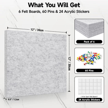 ANLIOTE 6 Pack Cork Board Felt Bulletin Board with 60 Push Pins, 1/2" Thick Pinboard Square Tiles for Wall Organizer - Home Office Classroom Decor, Photo Display, Memo Board (11.8"x11.8"- Light Grey)
