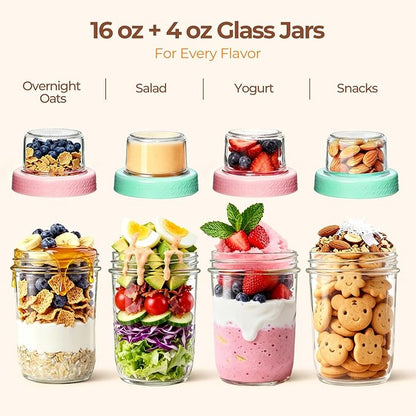 ComSaf Overnight Oats Containers with Lids (16oz+4oz, 4Pcs), Dual-Laryer Chia Pudding Jars with Dry and Wet Separation, Yogurt Parfait Cups for Oatmeal Cereal Nut Fruit, Meal Prep Glass Jars for Salad