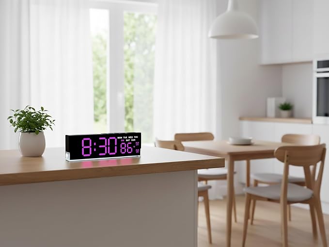 7-Inch Modern LED Digital Alarm Clock with Dual Alarms & Soft Bottom Light｜Displays Time, Date, Day, Temperature｜3-Level Auto/Manual Brightness, DST, USB or Battery Powered Desk Clock,Rose-Red