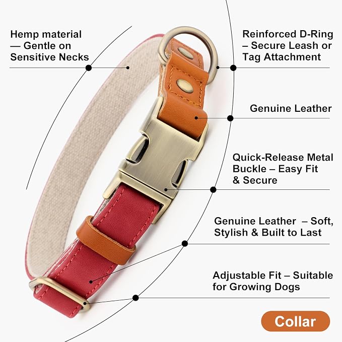 Plutus Pet Genuine Leather & Hemp Dog Collar – Adjustable Heavy Duty Pet Collar with Quick Release Metal Buckle, Soft & Stylish for Puppy and Small, Medium, Large Dogs (Red, S)