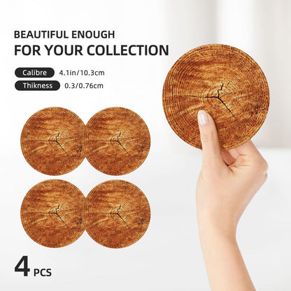 Wood Grain Coasters Set of 4, Absorbent Ceramic Drink Coasters Cup Mat for Coffee Bar Mug Table Protection Kitchen Home Decor, 4 Inch
