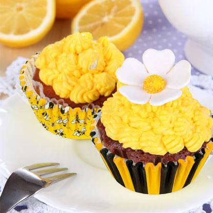 JarThenaAMCS 600Pcs Summer Honey Bee Cupcake Liner Honeycomb Stripe Paper Baking Cup Yellow Black Muffin Wrappers Cake Storage Container for Party DIY Craft, 2 x 1.2 Inch